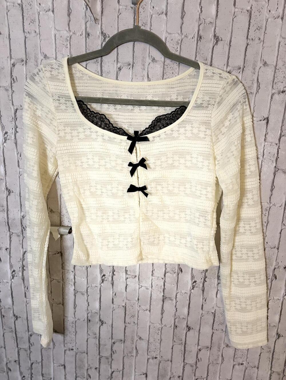 Vintage Cream Colored Lace Long Sleeve Crop Top with Black Bow Accents